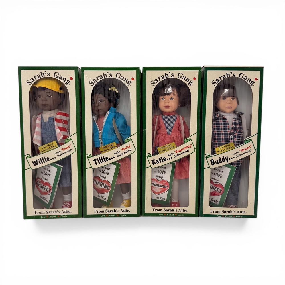 Vintage‎ 1996 Sarah's Attic Gang Doll Set 4 Willie Tillie Katie Buddy NIB Gold